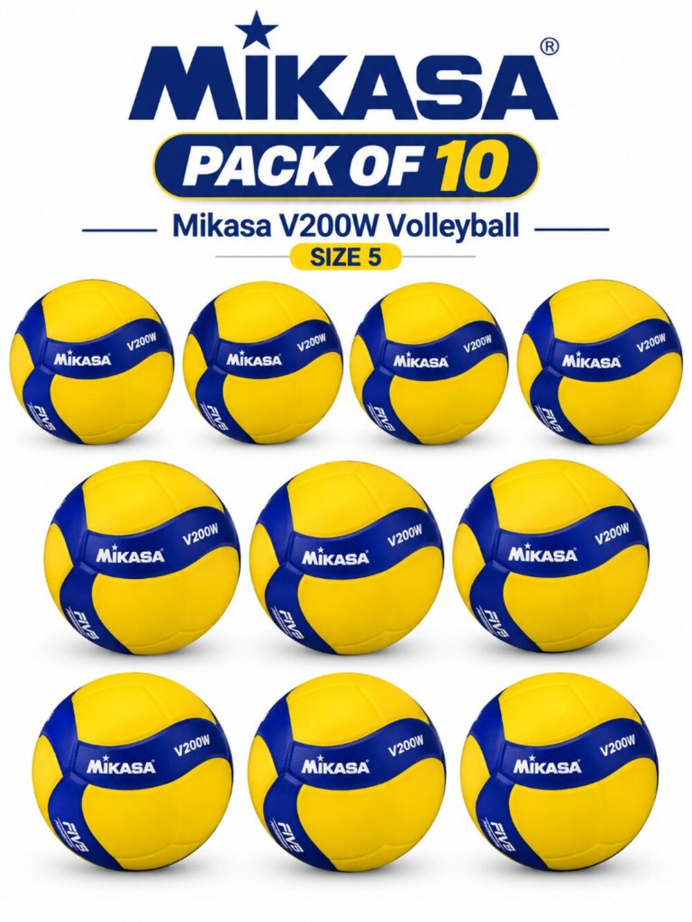 Mikasa V200W 2019 Official FIVB Indoor Outdoor Volleyball Size 5 | Pack of 10